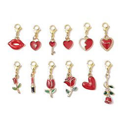 Красный 12 шт. День святого Валентина сплав эмаль сердце роза подвеска украшения, Подвески с застежками-когтями омара для украшения сумок, красные, 22~42 мм