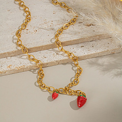 Настоящее золото 18K 304 Милый кулон с фруктами, красной клубникой и эмалью из нержавеющей стали, ожерелье для женщин, реальный 18 k позолоченный, 16.54 дюйм (42 см)