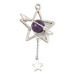 Amethyst Natural Amethyst Pendants, Alloy Star Charms, Antique Silver, 50x27x11.5mm, Hole: 2mm