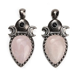Rose Quartz Natural Rose Quartz Pendants, Brass Rhinestone Triple Moon Teardrop Bezeled Charms, Antique Silver, 44x24x7mm, Hole: 5x5mm