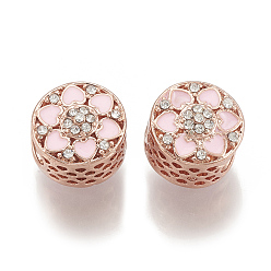 Rose Gold Alloy Rhinestone Beads, with Enamel, Hollow, Large Hole Beads, Flat Round with Flower, Rose Gold, 12x11.5x11.5mm, Hole: 5.5mm