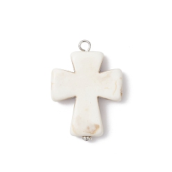 Античный Серебристый & Платиновый Синтетические подвески из магнезита, крестовые подвески с железными петлями, белые, старинное серебро и платина, 42x30x7 мм, отверстие : 3.5 мм