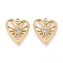 Настоящее золото 14K 304 подвески из нержавеющей стали, со стразами, сердце, реальный 14 k позолоченный, 18x15.5x2.5 мм, отверстие : 1.5 мм