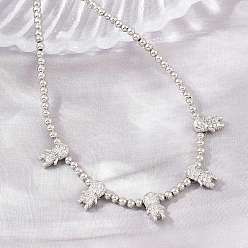 Platinum Brass Micro Pave Clear Cubic Zirconia Boy and Round Beaded Necklaces, Cadmium Free & Lead Free, Rack Plating, Long-Lasting Plated, Platinum, 17.20 inch(43.7cm)