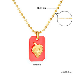 Fraise 304 Colliers à chaîne à billes rectangulaires en acier inoxydable avec pendentif en forme de fruit, or, rouge, fraise, 15.75 pouce (40 cm)