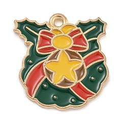 Christmas Wreath Новогодняя тема сплава эмали подвески, золотой свет, без свинца и без кадмия, Рождественский венок, 22x21x1.4 мм, отверстие : 1.6 мм
