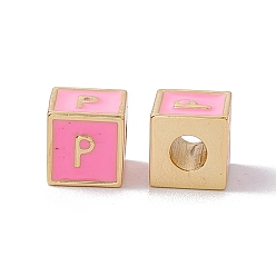 Letter P Стойки покрытие латунь эмаль бисер, без кадмия, без никеля и без свинца, реальный 18 k позолоченный, куб с письмом, розовый жемчуг, letter.p, 6x6x6 мм, отверстие : 2.5 мм