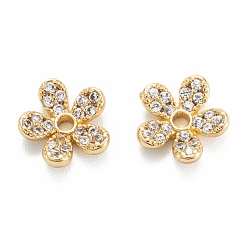 Real 18K Gold Plated Brass Micro Pave Clear Cubic Zirconia Beads, Long-Lasting Plated, Flower, Real 18K Gold Plated, 8x8x2.5mm, Hole: 1mm