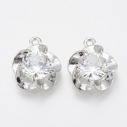 Platinum Alloy Cubic Zirconia Pendants, Flower, Platinum, 15.5x11x5mm, Hole: 1.4mm