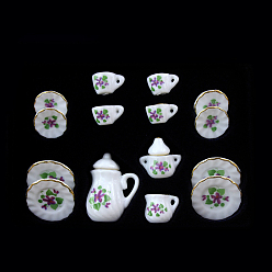 Flower Mini Porcelain Tea Set, including 2Pcs Teapots, 5Pcs Teacups, 8Pcs Dishes, for Dollhouse Accessories, Pretending Prop Decorations, Floral Pattern, 121x86x25mm, 15pcs/set