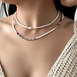 Золотой Летние пляжные двухслойные ожерелья из натуральных ракушек и стеклянных бусин для женщин, с концевой цепью из сплава, золотые, 14.96 дюйм(38см)+50мм