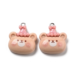 Медведь Непрозрачные подвески смолы, мультфильм прелести, медведь в шляпе, 24x20.5x7 мм, отверстие : 2 мм
