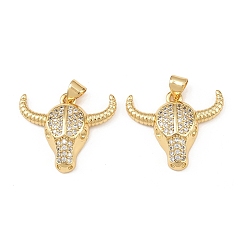 Настоящее золото 18K Латунные микропаве прозрачные подвески с фианитом, оберег на голову крупного рогатого скота, долговечный, без кадмия и без свинца, реальный 18 k позолоченный, 20x24x5 мм, отверстие : 4x3.5 мм