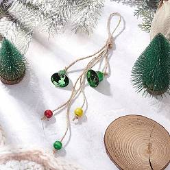 Зеленый Железные рождественские колокольчики подвесные украшения, с деревянными бусинами и джутовым шнуром, зелёные, 255 мм