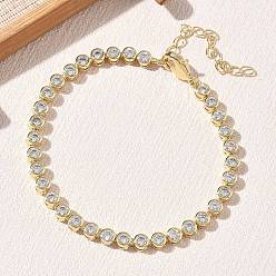 Claro Pulseras de eslabones redondos planos de latón con circonitas cúbicas engastadas, real 18 k chapado en oro, larga duración plateado, chapado en rack, sin plomo y el cadmio, Claro, 6.69 pulgada (17 cm)