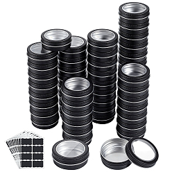 Black 50Pcs Round Aluminum Packing Boxes with Visible Window Lid, with 10 Sheets Paper Self Adhesive Stickers, Black, 7.1x2.5cm, Capacity: 60ml(2.03fl. oz)