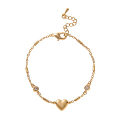 Сердце Латунные браслеты с микропаве из чистого кубического циркония, браслеты-цепочки для женщин, золотые, сердце, 6.69 дюйм (17 см)