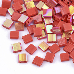 Red FGB 2-Hole Glass Seed Beads, Half Rainbow Plated Colours, Square, Red, 5x4.5~5.5x2~2.5mm, Hole: 0.5~0.8mm, about 1180pcs/bag