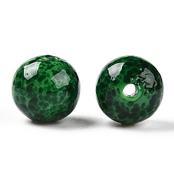 Vert La main de perles au chalumeau normales, rond avec des taches, verte, 14mm, Trou: 1.6~2mm