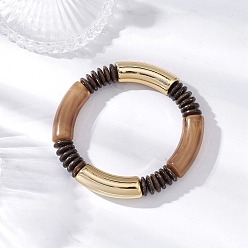 Светло-коричневый Акриловые бусины эластичные браслеты для женщин, трубка, с кокосом и латунью, загар, 3/8 дюйм (1.1 см), внутренний диаметр: 22 дюйм (56 см)