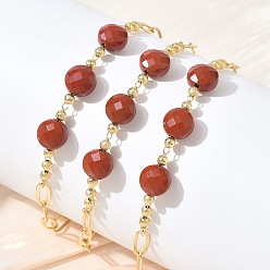 Red Jasper Natural Red Jasper Faceted Flat Round Beaded Brass Paperclip Chain Bracelets, Long-Lasting Plated, Golden, 8.50 inch(21.6cm)