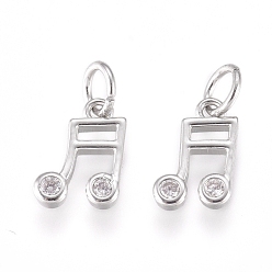 Платина Латунь прелести, с фианитом и кольцами для прыжков, музыкальная нота, прозрачные, платина, 8.5x5.5x1.5 мм, отверстие: 2 мм