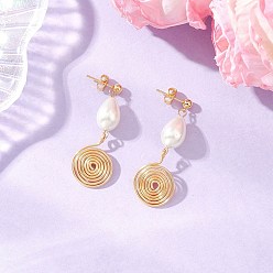 Золотой Серьги-гвоздики из стекла с жемчугом, капля с вихревой спиралью, с экологически чистой медной проволокой, золотые, 43.5x16 мм