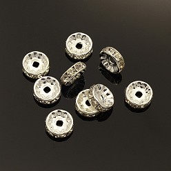Silver Brass Rhinestone Spacer Beads, Grade A, Rondelle, Silver Color Plated, Size: about 10mm in diameter, 4mm thick, hole: 2mm