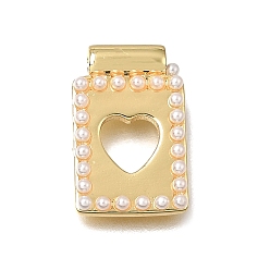 Golden Brass with ABS Imitation Pearl Pendants, Rectangle with Heart Charms, Rack Plating, Long-Lasting Plated, Cadmium Free & Lead Free, Cut-Out, White, Golden, 19x12x4mm, Hole: 1.4mm