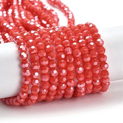 Tomato Electroplate Opaque Glass Beads Strands, Faceted(32 Facets), Pearl Luster Plated, Round, Tomato, 4mm, Hole: 0.7mm, about 88~95pcs/strand, 12.99~14.06 inch(33~35.7cm)