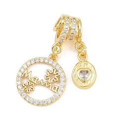 Настоящее золото 18K Подвески из латуни с микро паве ко Дню матери, прозрачные подвески с кубическим цирконием, кольцо с подвесками "мама", стойки покрытие, долговечный, без свинца и без кадмия, реальный 18 k позолоченный, 31 мм, отверстия : 3 mm и 4 мм, Сердце: 11x8x3 mm, плоско-круглые: 17.5x15x2 mm