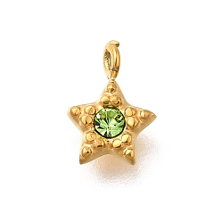 Оливин 304 прелести нержавеющей стали, со стразами, ионное покрытие (ip), звезда очарование, реальный 14 k позолоченный, оливина, 8x6x2.5 мм, отверстие : 1.2 мм