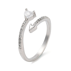 Прозрачный Открытые манжеты для женщин из латуни с микро-паве и цирконием в форме сердца для женщин, платина, прозрачные, внутренний диаметр: 17 мм