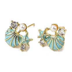 Настоящее золото 18K Серьги-гвоздики в форме ракушки с микропаве из прозрачного кубического циркония из латуни, с абс пластика имитация жемчуга и эмаль, стойки покрытие, долговечный, без кадмия и без свинца, реальный 18 k позолоченный, 14.5x18 мм