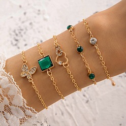 Square Glass Rhinestone Link Bracelets Set, with Alloy Link Chains, Square, 6-3/4 inch(17cm), 5pcs/set