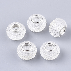 Clear Resin Rhinestone European Beads, Large Hole Beads, with Platinum Tone Brass Double Cores, Rondelle, Berry Beads, Clear, 14x10mm, Hole: 5mm