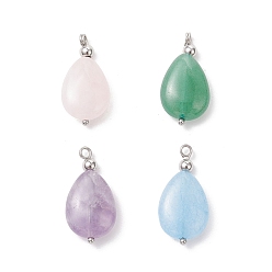 Платина 4 шт. 4 стили подвески-капли из натурального аметиста, розового кварца, зеленого авантюрина и окрашенного кварца с латунными дужками, платина, 26x13x6 мм, отверстие : 2 мм, 1 шт / стиль
