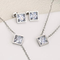 Нержавеющая Сталь Цвет Ромб 304 браслеты из нержавеющей стали с прозрачными кубическими цирконами, серьги-гвоздики и ожерелья с подвесками, цвет нержавеющей стали, 455 мм