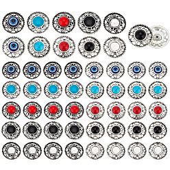Mixed Color 60Pcs 10 Styles Bohemian Opaque Resin Cabochons & Shank Buttons Sets, Flat Round, with Tibetan Style Alloy Findings, Mixed Color, 18~19mm, 6pcs/style