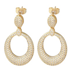 Настоящее золото 16K Серьги-гвоздики из латуни с микропаве и кубическим цирконием, покрытие стойки, полый овал, реальный 16 k позолоченный, 35x19.5 мм