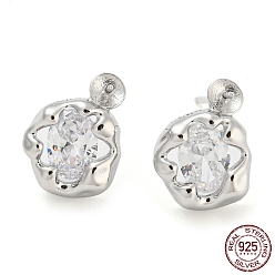 Real Platinum Plated Rhodium Plated Flower 925 Sterling Silver with Clear Cubic Zirconia Stud Earring Findings, Earring Settings for Half Drilled Beads, with S925 Stamp, Real Platinum Plated, 13x10mm, Pin: 11x0.7mm and 0.7mm