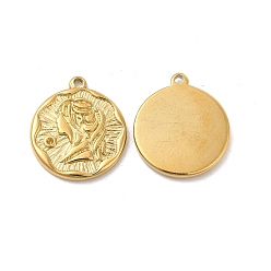 Echt 18 k vergoldet Ionenbeschichtung (IP) 304 Edelstahlanhänger, flach rund mit Mädchencharme, echt 18 k vergoldet, 18x16x2 mm, Bohrung: 1.4 mm