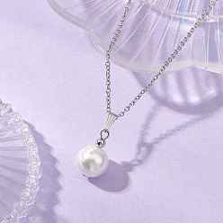 Нержавеющая Сталь Цвет Круглый кулон из ракушки и жемчуга белого цвета 304 Женские ожерелья из нержавеющей стали с цепочкой, цвет нержавеющей стали, 17.87 дюйм (45.4 см)