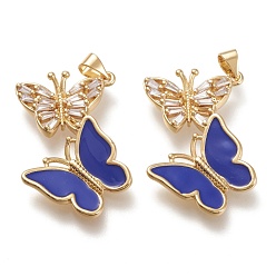 Темно-Синий Латунные микро проложить кубического циркония подвески, с эмалью, реальный 18 k позолоченный, двойная бабочка, темно-синий, 29x30x3 мм, отверстие : 3.5x5 мм