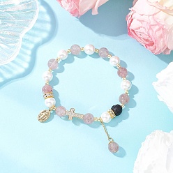 Смешанные камни Браслеты из натурального клубничного кварца и ракушечного жемчуга, латунные овальные браслеты с подвесками Девы Марии для женщин, внутренний диаметр: 2 дюйм (5 см)