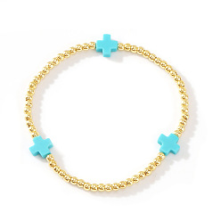 Небесно-голубой Латунные эластичные браслеты с круглыми бусинами, украшения из смолы крест для женщин, голубой, 7-7/8 дюйм (20 см), внутренний диаметр: 6-7/8 дюйм (17.5 см)