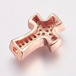 Rose Gold Brass Micro Pave Cubic Zirconia Beads, Cross, Rose Gold, 14x9x4mm, Hole: 1.5mm