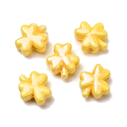 Gold Handmade Porcelain Beads, Bright Glazed Porcelain, Clover, Gold, 13x12x6mm, Hole: 2mm