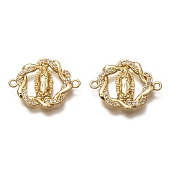 Настоящее золото 18K Латунные соединители звеньев микропаве, прозрачные кубические циркония, долговечный, для религии, цветок с Девой Марией, реальный 18 k позолоченный, 17.5x22x3 мм, отверстие : 1.5 мм
