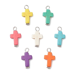 Платина Подвески из синтетической бирюзы, окрашенной крест-накрест, с железными петлями, разноцветные, платина, 22.5x12x3.5 мм, отверстие : 3 мм